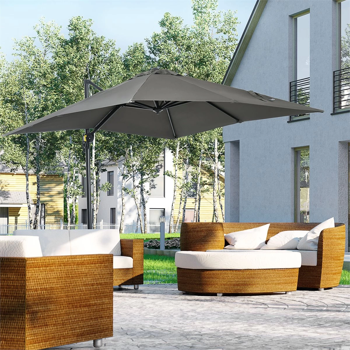 Outsunny Sombrilla De Jardín De Aluminio 245x245x245 Cm Parasol Excéntrico Con Manivela Giratorio 360° Inclinación De 5 Niveles Tela Desmontable Y Ventilación Para Patio Terraza Gris 4 Outsunny Sombrilla De Jardín De Aluminio 245x245x245 Cm Parasol Excéntrico Con Manivela Giratorio 360° Inclinación De 5 Niveles Tela Desmontable Y Ventilación Para Patio Terraza Gris - Imagen 2