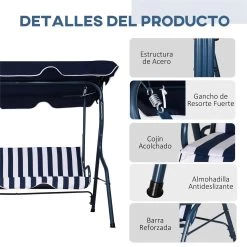 Outsunny Columpio Balancín De Jardín Exterior 3 Plazas De Metal Con Cojín Y Techo Ajustable Para Balcón Terraza Carga 200 Kg 170x110x153 Cm Raya Azul -Tienda de muebles de jardín 00a4f2d7bf866e9b245c99350bafa276b3fb9f1a cf178757242c44bbb0efc89ae7d4c39d