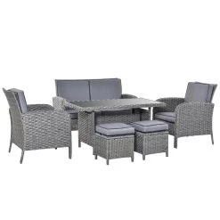 Outsunny Conjunto De Muebles De Jardín 6 Piezas De Ratán Con Mesa De Centro Sofá Doble 2 Sillones Individuales 2 Taburetes Con Cojines Para Patio Porche Terraza Gris