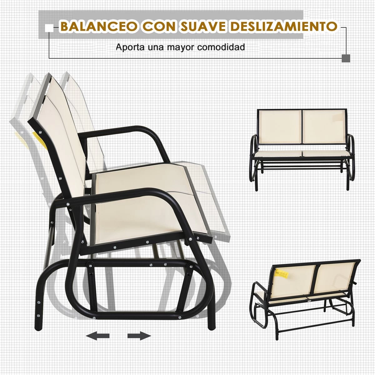 Outsunny Banco Balancín De 2 Plazas Silla Mecedora De Jardín Tubo De Metal Y Tela Texteline Transpirable Para Exterior Carga Máx. 200 Kg 120x70x85 Cm Beige 6 Outsunny Banco Balancín De 2 Plazas Silla Mecedora De Jardín Tubo De Metal Y Tela Texteline Transpirable Para Exterior Carga Máx. 200 Kg 120x70x85 Cm Beige - Imagen 4