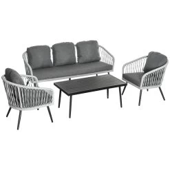 Outsunny Conjunto De Muebles De Ratán Y Aluminio Juego De Muebles De Jardín 4 Piezas Mesa De Café Sofá De 3 Plazas Y 2 Sillones Con Cojines Para Terraza Exterior Gris