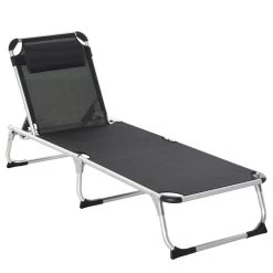 Outsunny Tumbona Plegable Reclinable De Aluminio Con Reposacabezas Extraíble Y Respaldo Transpirable Ajustable En 4 Posiciones Para Jardín Terraza Camping Exterior 170x60x76 Cm Negro