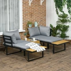 Outsunny Conjunto De Muebles De Jardín De Aluminio 3 Piezas Juego De Conversación Incluye 2 Sofás Esquineros Con Cojines Mesa De Plástico Madera Y Panel Lateral Para Terraza Gris -Tienda de muebles de jardín 1122d1764871663550e10b9d05fdf1d393e70122 e82b66dc711a45478876ee4773ccd529