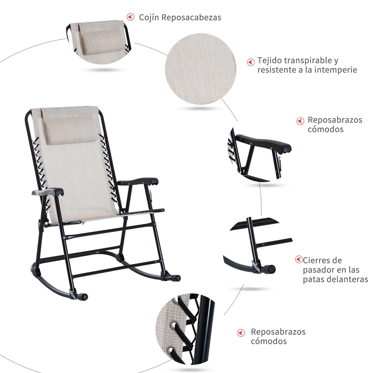Outsunny Set De Muebles De Jardín Mesa Redonda Ø46x49 Cm Y 2 Sillas Mecedoras 68x90x106 Cm Plegables Con Bloqueo Para Exterior Patio Beige 6 Outsunny Set De Muebles De Jardín Mesa Redonda Ø46x49 Cm Y 2 Sillas Mecedoras 68x90x106 Cm Plegables Con Bloqueo Para Exterior Patio Beige - Imagen 4