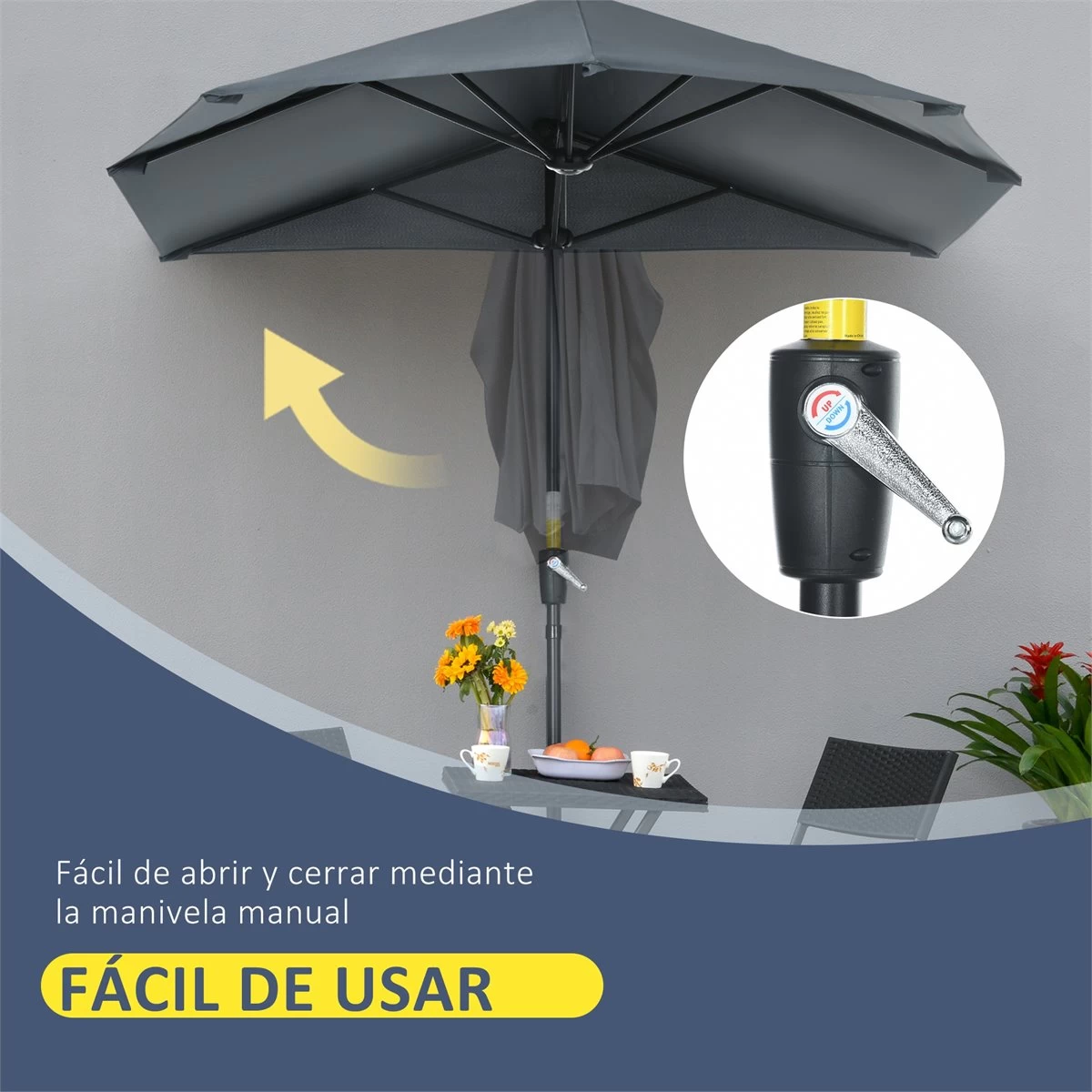 Outsunny Sombrilla De Pared De Jardín 200x190x240 Cm Parasol Con Manivela Poste De Acero Y Base Cruzada Protección Solar Para Terraza Balcón Exterior Gris 7 Outsunny Sombrilla De Pared De Jardín 200x190x240 Cm Parasol Con Manivela Poste De Acero Y Base Cruzada Protección Solar Para Terraza Balcón Exterior Gris - Imagen 5