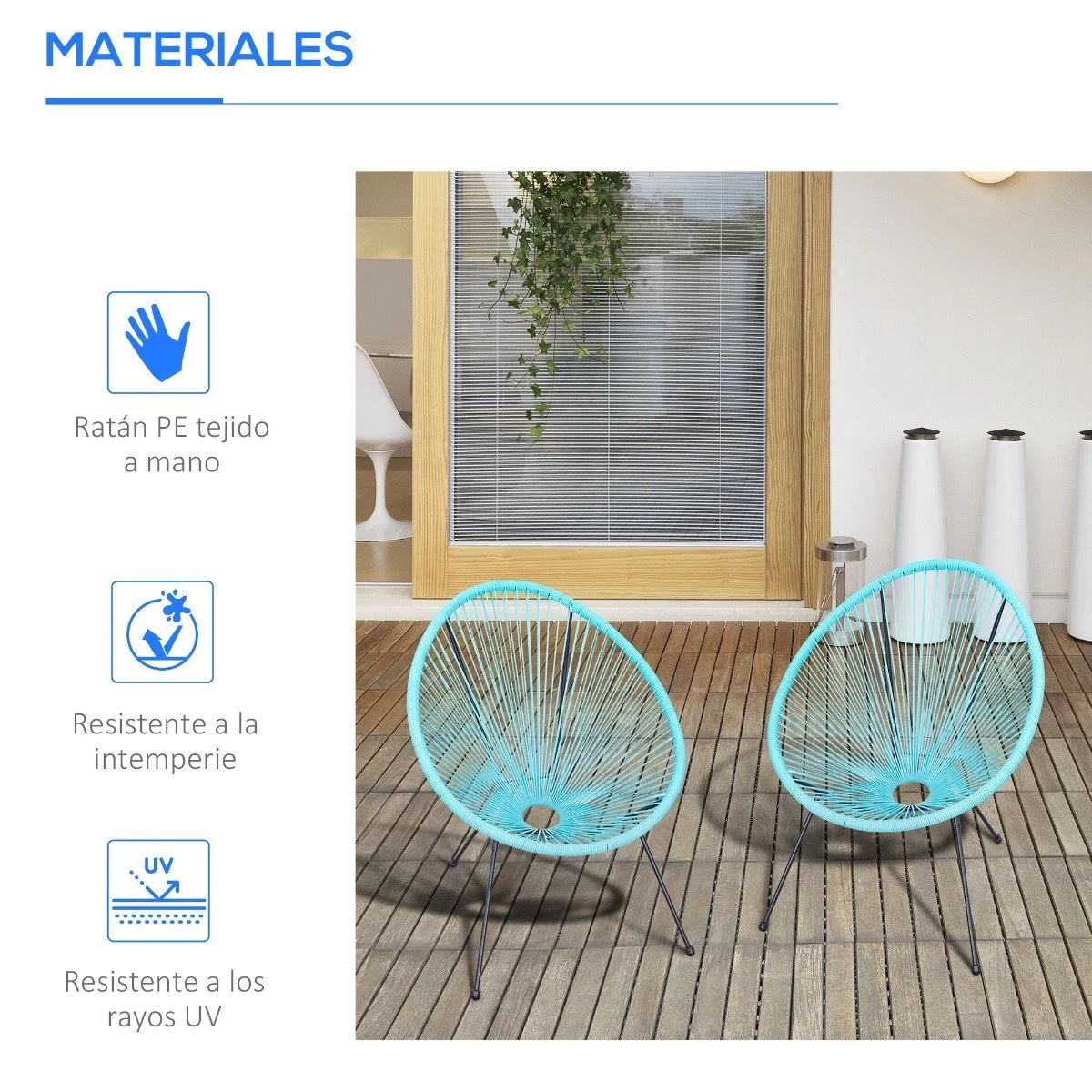 Outsunny Conjunto De 2 Sillas De Jardín De Ratán Pack 2 Sillas Acapulco Forma Ovalada Con Reposabrazos Respaldo Alto Interior Exterior 73x77x87 Cm Turquesa 7 Outsunny Conjunto De 2 Sillas De Jardín De Ratán Pack 2 Sillas Acapulco Forma Ovalada Con Reposabrazos Respaldo Alto Interior Exterior 73x77x87 Cm Turquesa - Imagen 5