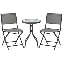Outsunny Conjunto De Muebles De Jardín 3 Piezas Set De Muebles Exterior Incluye Mesa Con Encimera De Vidrio Templado Y 2 Sillones Plegable Con Respaldo Y Asiento De Texteline Gris