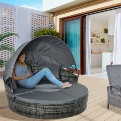 Outsunny Isla De Ratán Modular Para Exterior 5 Piezas Tumbona Redonda Con Toldo Plegable Cojines Extraíbles Lavables Y 3 Almohadas Marco De Metal 175x180x147 Cm Gris -Tienda de muebles de jardín 27963eef5ba3f92b3dae073c23d14b12c7b7a942 6271a324851a4bd1ad4d9a3d8cd31eb8