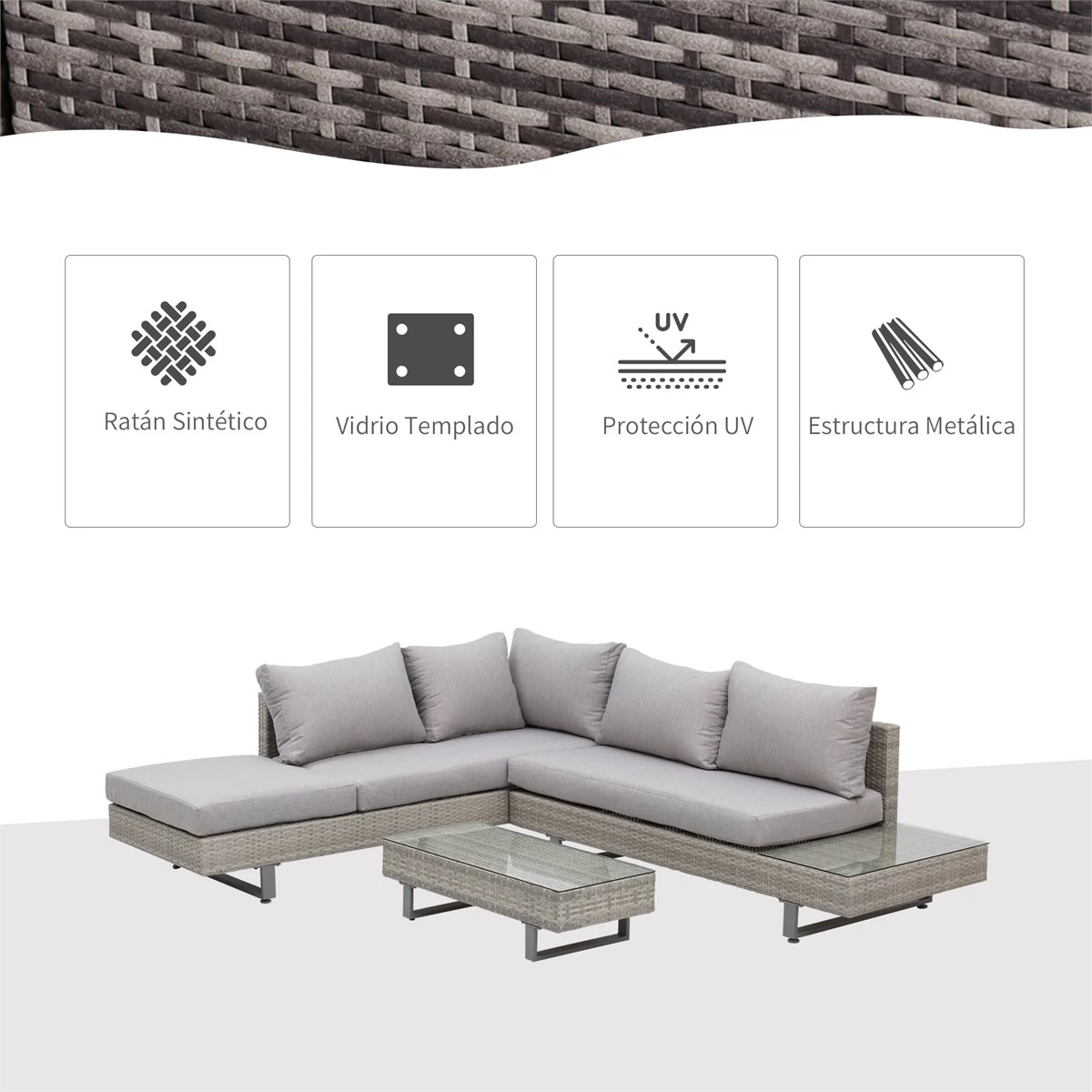 Outsunny Conjunto De Muebles Ratán De 3 Piezas Mesa De Centro Sofá Doble Y Sofá De 3 Plazas Con Cojines Extraíbles Para Jardín Terraza Patio Acero Gris 6 Outsunny Conjunto De Muebles Ratán De 3 Piezas Mesa De Centro Sofá Doble Y Sofá De 3 Plazas Con Cojines Extraíbles Para Jardín Terraza Patio Acero Gris - Imagen 4