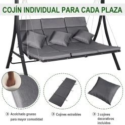 Outsunny Balancín Con Toldo Ajustable De 3 Plazas Columpio De Jardín Con Dosel Cojines Para Exterior Terraza Patio Carga 270 Kg 200x115x168 Cm Gris -Tienda de muebles de jardín 309b9d0ef67cef7b11eaef97c389a92c80182b57 cfbe76e477ad4e32bd8a21556bf08b37