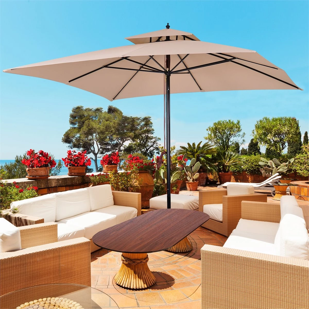 Outsunny Sombrilla Parasol De Acero Grande Con Cubierta A Dos Niveles Para Jardín Patio Sistema De Polea Mástil Desmonta En Dos Partes Fácil Transportar 300x300x297cm Beige 4 Outsunny Sombrilla Parasol De Acero Grande Con Cubierta A Dos Niveles Para Jardín Patio Sistema De Polea Mástil Desmonta En Dos Partes Fácil Transportar 300x300x297cm Beige - Imagen 2