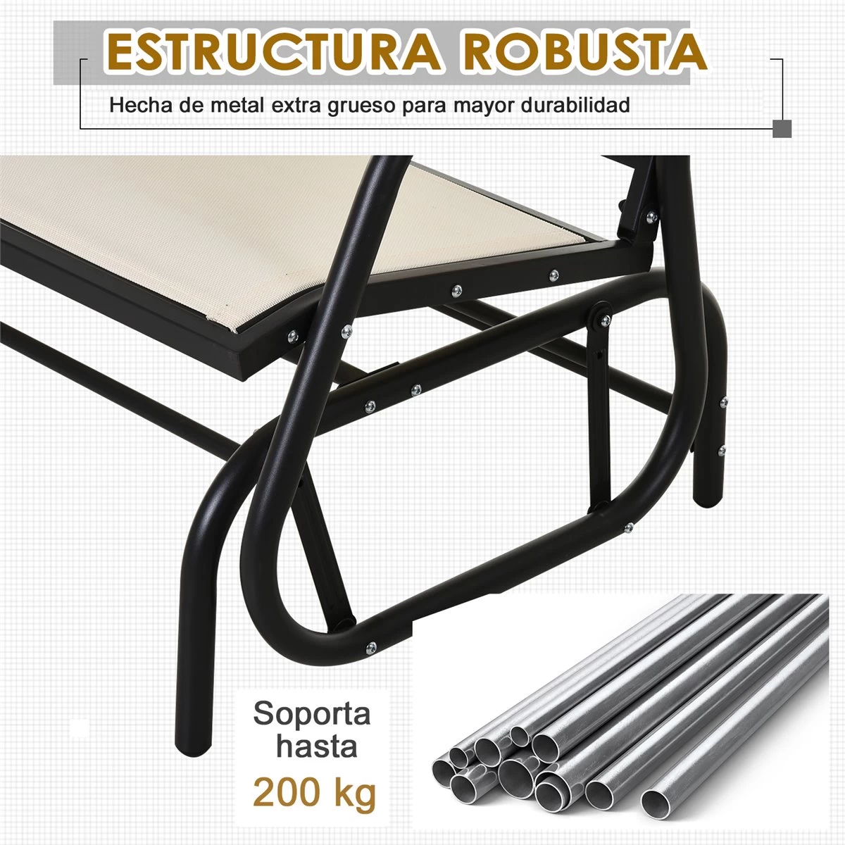 Outsunny Banco Balancín De 2 Plazas Silla Mecedora De Jardín Tubo De Metal Y Tela Texteline Transpirable Para Exterior Carga Máx. 200 Kg 120x70x85 Cm Beige 7 Outsunny Banco Balancín De 2 Plazas Silla Mecedora De Jardín Tubo De Metal Y Tela Texteline Transpirable Para Exterior Carga Máx. 200 Kg 120x70x85 Cm Beige - Imagen 5