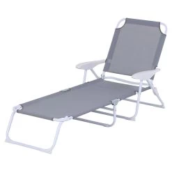 Outsunny Tumbona Reclinable Y Plegable De Jardín Con Respaldo Ajustable En 4 Posiciones Marco De Metal Texteline Transpirable 160x66x80 Cm Gris