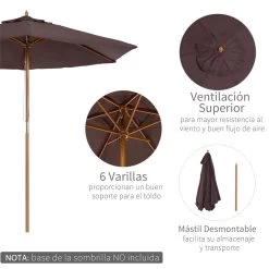 Outsunny Sombrilla Parasol De Madera Ø250x230cm Para Exterior Con 6 Varillas Sistema De Cuerda Con Fijación Desmontable Portátil Fácil De Guardar Y Transportar Café -Tienda de muebles de jardín 413417eb908540855d9692f40d744779681a42d3 e741666d248947b380056beb1c60fcaa