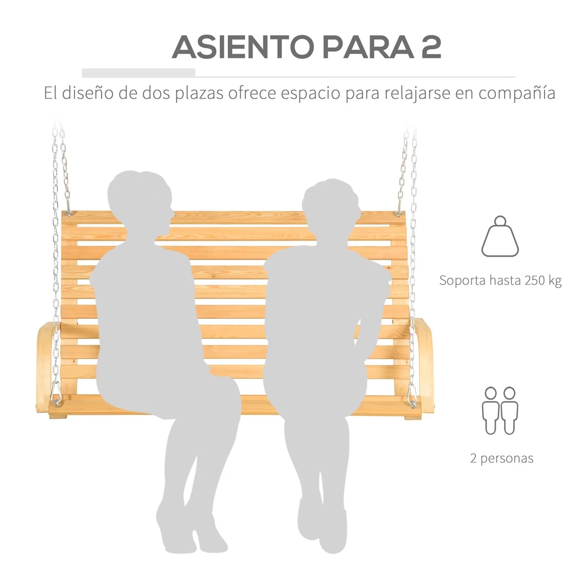 Outsunny Banco Columpio De Madera De 2 Plazas Tipo Balancín Colgante Carga Máx. 250 Kg Para Jardín Terraza Balcón Exterior 141,5x51x78 Cm Natural 5 Outsunny Banco Columpio De Madera De 2 Plazas Tipo Balancín Colgante Carga Máx. 250 Kg Para Jardín Terraza Balcón Exterior 141,5x51x78 Cm Natural - Imagen 4