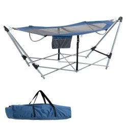 Outsunny Hamaca De Jardín Con Soporte Plegable Con Cama De Tela Oxford Y Malla Transpirable Bolsillo De Almacenaje Y Bolsa De Transporte 235,5x82x90,5 Cm Azul Y Plata