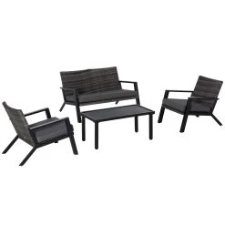 Outsunny Conjunto De Muebles De Jardín De Ratán 4 Piezas Juego De Muebles De Exterior Con Sofá De 2 Plazos Sofás Individuales Y Mesa De Centro Para Terraza Patio Negro