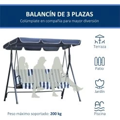 Outsunny Columpio Balancín De Jardín Exterior De 3 Plazas Con Cojín Techo Ajustable Y Marco De Metal Para Balcón Terraza Patio Carga Máx. 200 Kg 172x110x153 Cm Raya Azul -Tienda de muebles de jardín 47de6e425d3086c997cc7f5066607515e7376d05 f773bcec56b649ba88c4ae21ee5d67ff