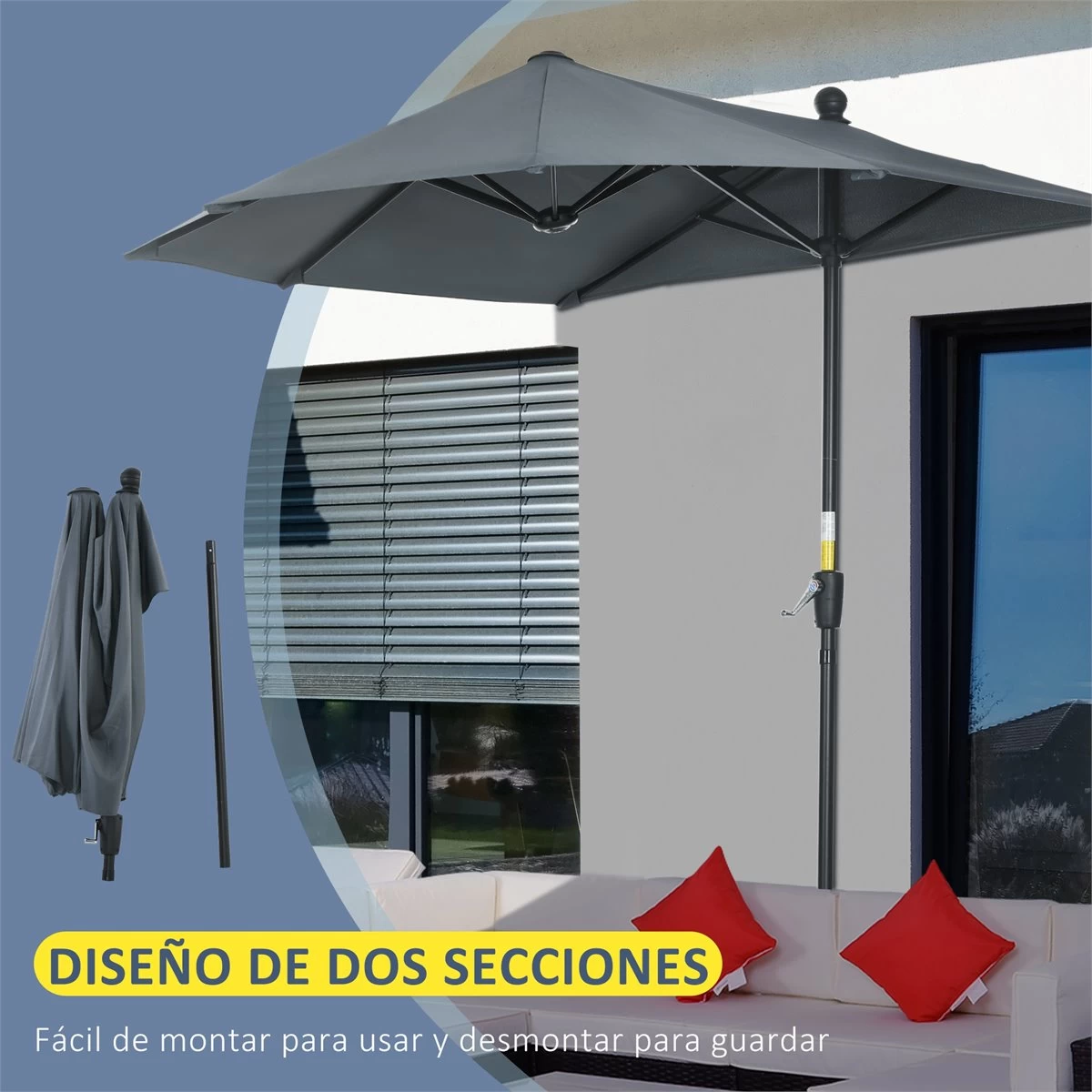 Outsunny Sombrilla De Pared De Jardín 200x190x240 Cm Parasol Con Manivela Poste De Acero Y Base Cruzada Protección Solar Para Terraza Balcón Exterior Gris 8 Outsunny Sombrilla De Pared De Jardín 200x190x240 Cm Parasol Con Manivela Poste De Acero Y Base Cruzada Protección Solar Para Terraza Balcón Exterior Gris - Imagen 6