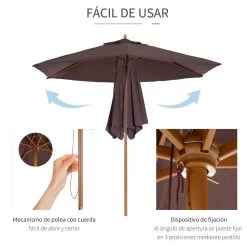 Outsunny Sombrilla Parasol De Madera Ø250x230cm Para Exterior Con 6 Varillas Sistema De Cuerda Con Fijación Desmontable Portátil Fácil De Guardar Y Transportar Café -Tienda de muebles de jardín 53914d0b552280eda028f2cb5f614af2aa52c59e e0011b8fe69d4f129056e08fd98cbd2d