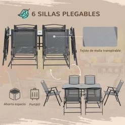 Outsunny Conjunto De Muebles De Jardín 8 Piezas Con 6 Sillas Plegables Mesa De Comedor De Vidrio Y Sombrilla Inclinable Con Manivela Protección Del Sol Para Terraza Exterior Gris -Tienda de muebles de jardín 53e6b4453a2b0c10153f49052da116d4ebcb733e 07125272fafd4165bdb2dd798821a727