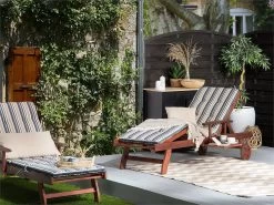 Tumbona De Jardín Madera Con Ruedas Cojín Rayas Azul Beige TOSCANA