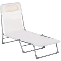 Outsunny Tumbona Plegable Y Reclinable De Jardín Con Reposacabezas Y Respaldo Ajustable En 5 Niveles Tela De Texteline Transpirable 182x56x24,5 Cm Crema