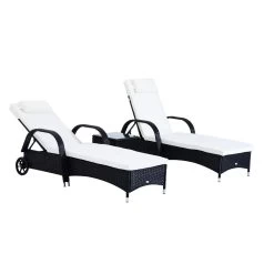 Outsunny Set De 2 Tumbonas Chaise Longue + 1 Mesa De Ratan Para Jardín O Terraza Sillas Con Cojín Y Respaldo Ajustable A 5 Niveles (Negro)
