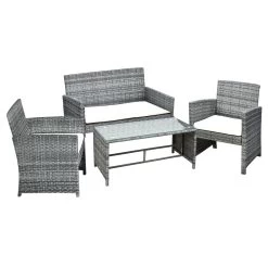Outsunny Conjunto De Muebles De Jardín De Ratán 4 Piezas Juego De Muebles De Jardín Incluido 1 Sofá De 2 Plazas 2 Sillones Y 1 Mesa De Centro Con Tablero De Vidrio Para Terraza Gris