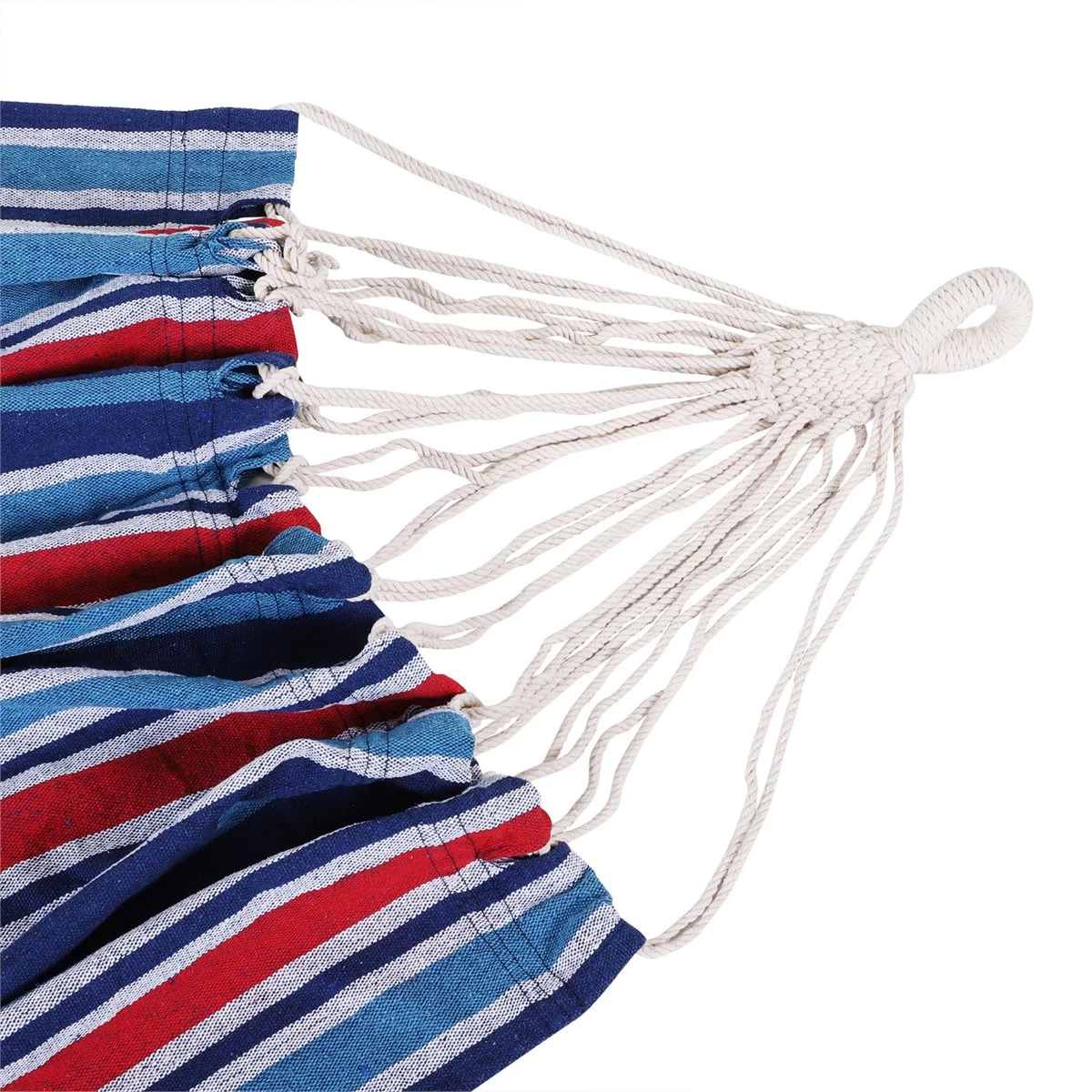 Outsunny Hamaca De Algodón Para Jardín 210x150 Cm Hamaca Colgante Portátil Carga Máx. 180 Kg Para Acampar Piscina Camping Rayas Azul Y Rojo 11 Outsunny Hamaca De Algodón Para Jardín 210x150 Cm Hamaca Colgante Portátil Carga Máx. 180 Kg Para Acampar Piscina Camping Rayas Azul Y Rojo - Imagen 9