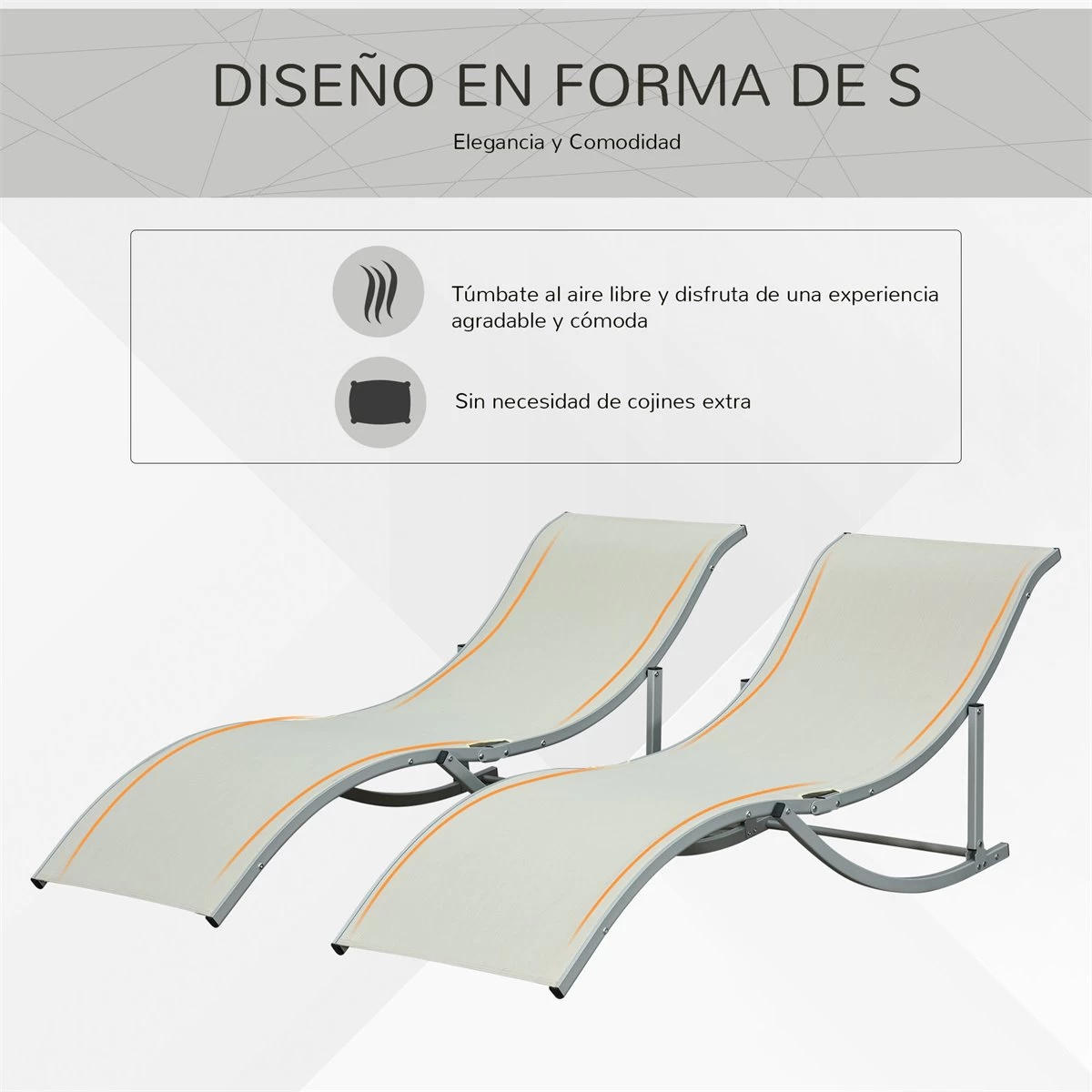 Outsunny 2 Tumbonas Plegables En Forma De S Ergonómica Con Marco De Aluminio Texteline Para Piscina Patio Jardín Terraza 165x61x63 Cm Beige 7 Outsunny 2 Tumbonas Plegables En Forma De S Ergonómica Con Marco De Aluminio Texteline Para Piscina Patio Jardín Terraza 165x61x63 Cm Beige - Imagen 5