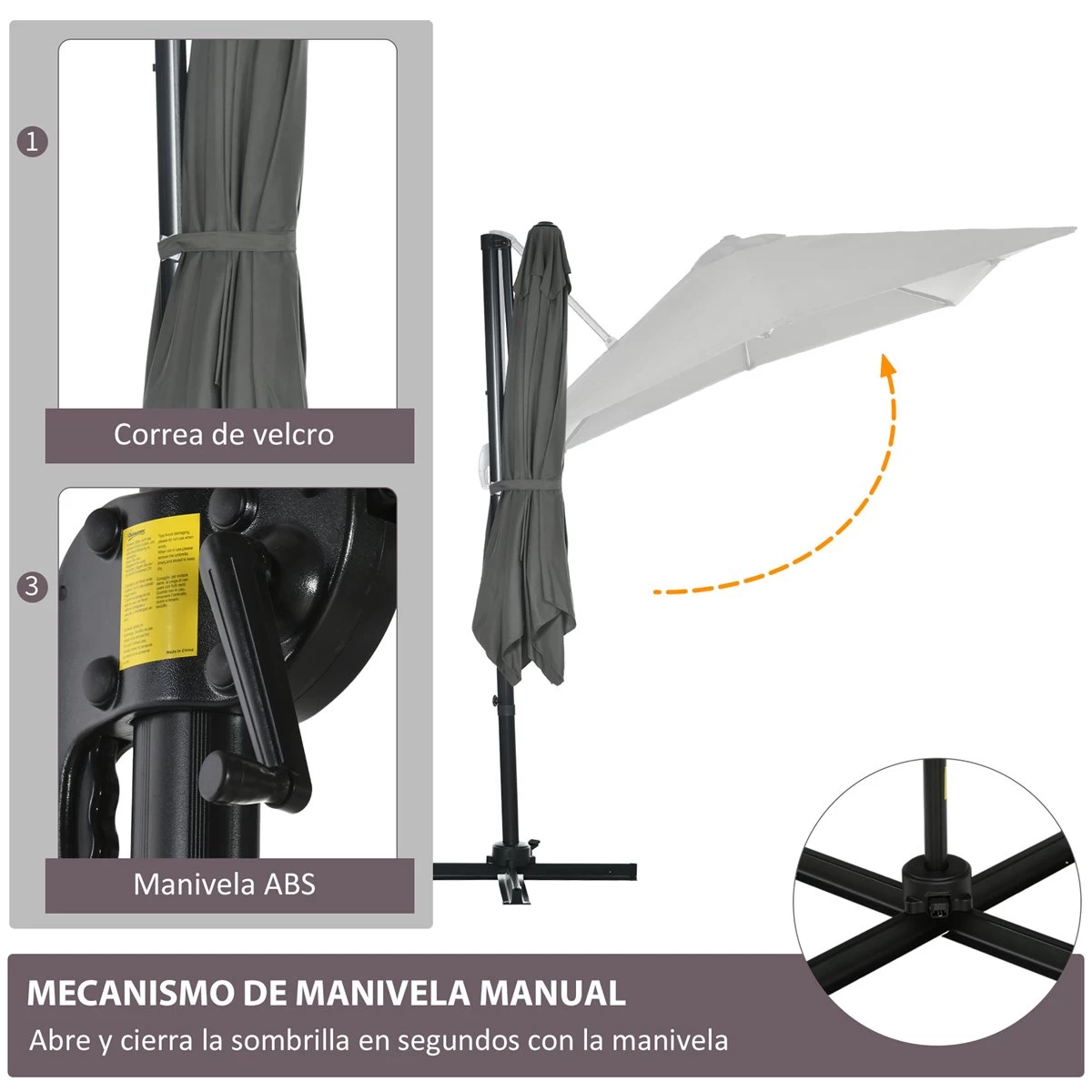 Outsunny Sombrilla De Jardín De Aluminio 245x245x245 Cm Parasol Excéntrico Con Manivela Giratorio 360° Inclinación De 5 Niveles Tela Desmontable Y Ventilación Para Patio Terraza Gris 8 Outsunny Sombrilla De Jardín De Aluminio 245x245x245 Cm Parasol Excéntrico Con Manivela Giratorio 360° Inclinación De 5 Niveles Tela Desmontable Y Ventilación Para Patio Terraza Gris - Imagen 6