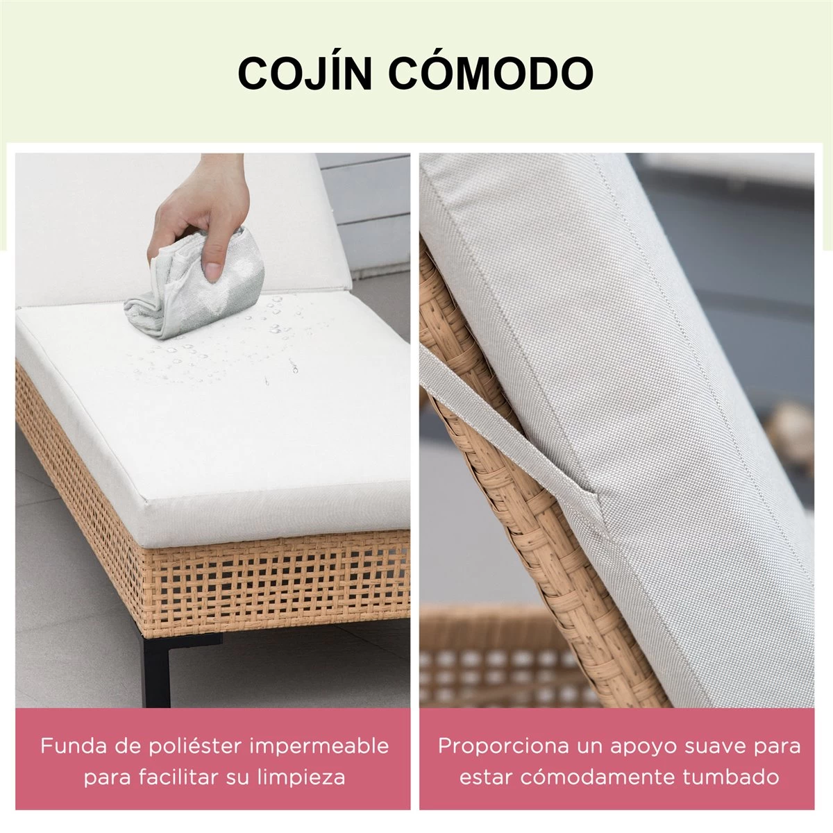 Outsunny Tumbona De Ratán Sintético Chaise Longue Con Respaldo Ajustable En 5 Posiciones Cojín Acolchado Y 2 Ruedas Para Jardín Terraza Acero 200x65x31 Cm Natural Y Beige 8 Outsunny Tumbona De Ratán Sintético Chaise Longue Con Respaldo Ajustable En 5 Posiciones Cojín Acolchado Y 2 Ruedas Para Jardín Terraza Acero 200x65x31 Cm Natural Y Beige - Imagen 6