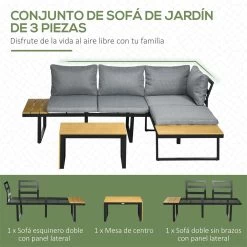 Outsunny Conjunto De Muebles De Jardín De Aluminio 3 Piezas Juego De Conversación Incluye 2 Sofás Esquineros Con Cojines Mesa De Plástico Madera Y Panel Lateral Para Terraza Gris -Tienda de muebles de jardín 6633b4f88f755698a78464c642af80be88eff249 0ff8322e21bb4b879006dd41960d0e50