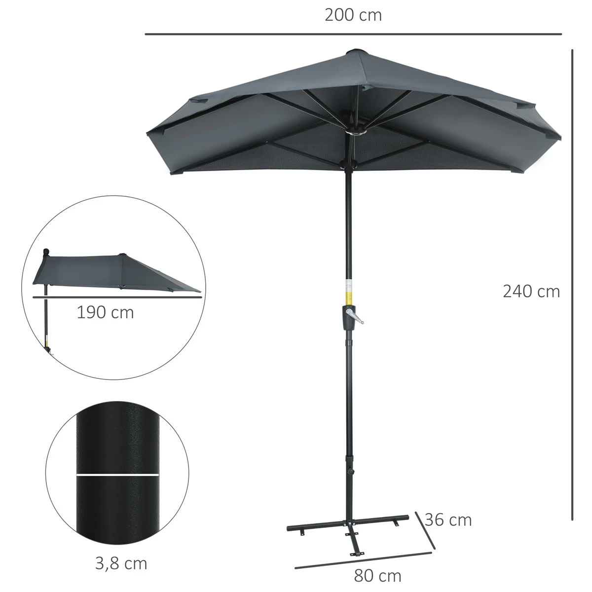 Outsunny Sombrilla De Pared De Jardín 200x190x240 Cm Parasol Con Manivela Poste De Acero Y Base Cruzada Protección Solar Para Terraza Balcón Exterior Gris 5 Outsunny Sombrilla De Pared De Jardín 200x190x240 Cm Parasol Con Manivela Poste De Acero Y Base Cruzada Protección Solar Para Terraza Balcón Exterior Gris - Imagen 3