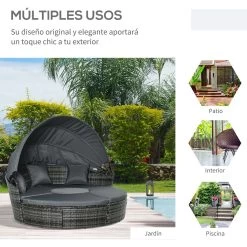 Outsunny Isla De Ratán Modular Para Exterior 5 Piezas Tumbona Redonda Con Toldo Plegable Cojines Extraíbles Lavables Y 3 Almohadas Marco De Metal 175x180x147 Cm Gris -Tienda de muebles de jardín 67c52b43ddae35174277cda01cf419be45b25121 3b08929fcc0a4279929289f18e8ef850