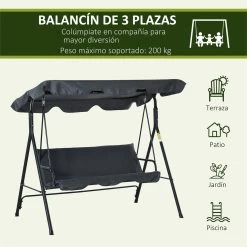 Outsunny Columpio Balancín De Jardín Exterior De 3 Plazas Con Cojín Techo Ajustable Y Marco De Acero Para Balcón Terraza Patio Carga Máx. 200 Kg 172x110x153 Cm Gris -Tienda de muebles de jardín 683c0010cbb6426b66ead9c11e9ed753a50ed273 58d1ec7a5cdc479db925989c912fc41a