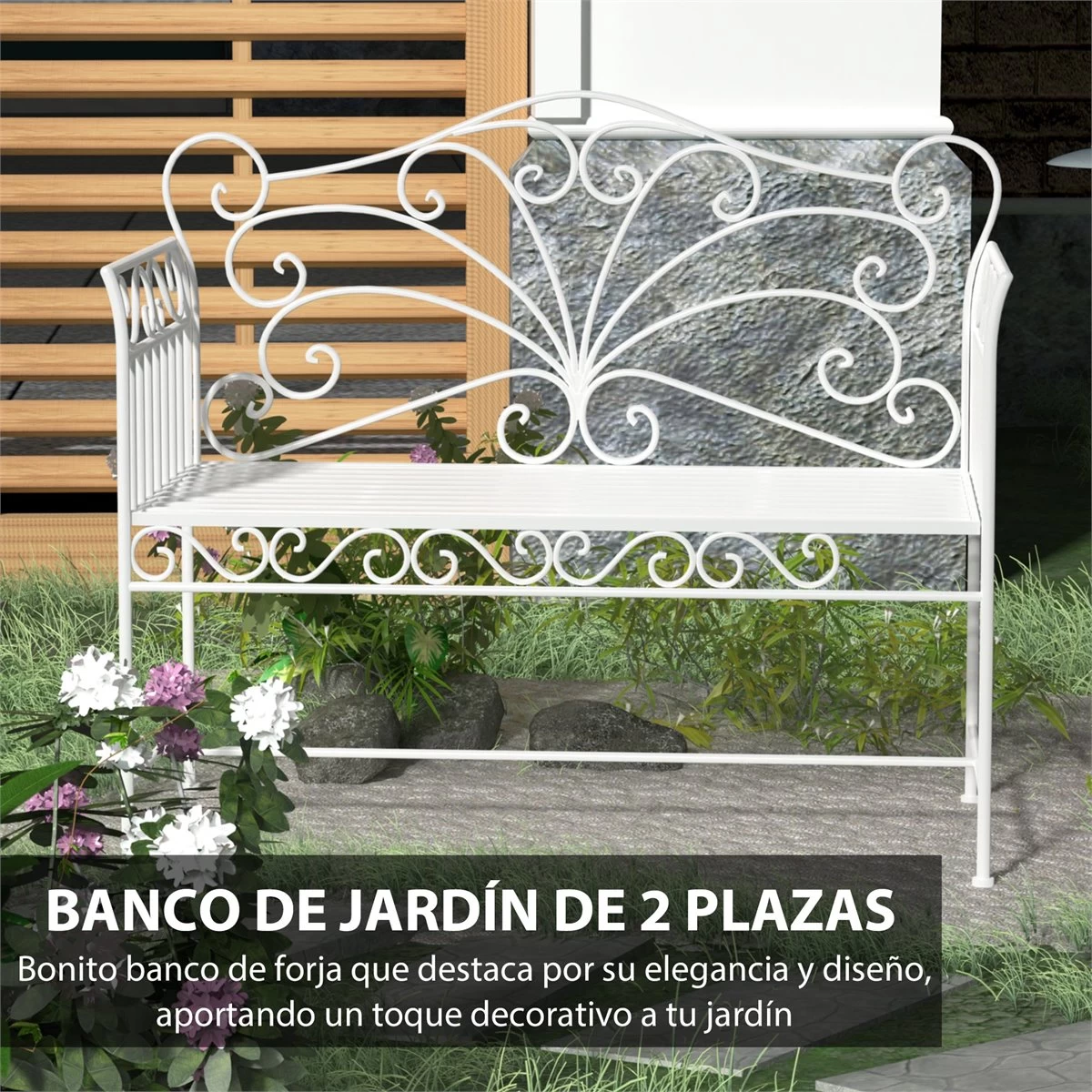 Outsunny Banco De Jardín De 2 Plazas 113,5x50x93,5 Cm Banco De Terraza De Metal Con Respaldo Decorativo Y Reposabrazos Vintage Para Exterior Carga 200 Kg Crema 6 Outsunny Banco De Jardín De 2 Plazas 113,5x50x93,5 Cm Banco De Terraza De Metal Con Respaldo Decorativo Y Reposabrazos Vintage Para Exterior Carga 200 Kg Crema - Imagen 4