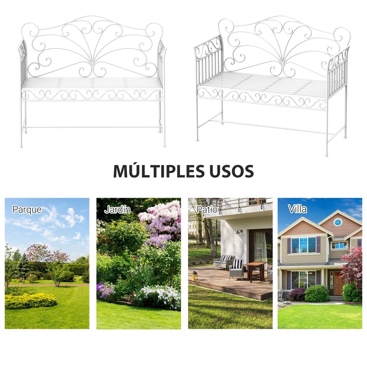 Outsunny Banco De Jardín De 2 Plazas 113,5x50x93,5 Cm Banco De Terraza De Metal Con Respaldo Decorativo Y Reposabrazos Vintage Para Exterior Carga 200 Kg Crema 8 Outsunny Banco De Jardín De 2 Plazas 113,5x50x93,5 Cm Banco De Terraza De Metal Con Respaldo Decorativo Y Reposabrazos Vintage Para Exterior Carga 200 Kg Crema - Imagen 6