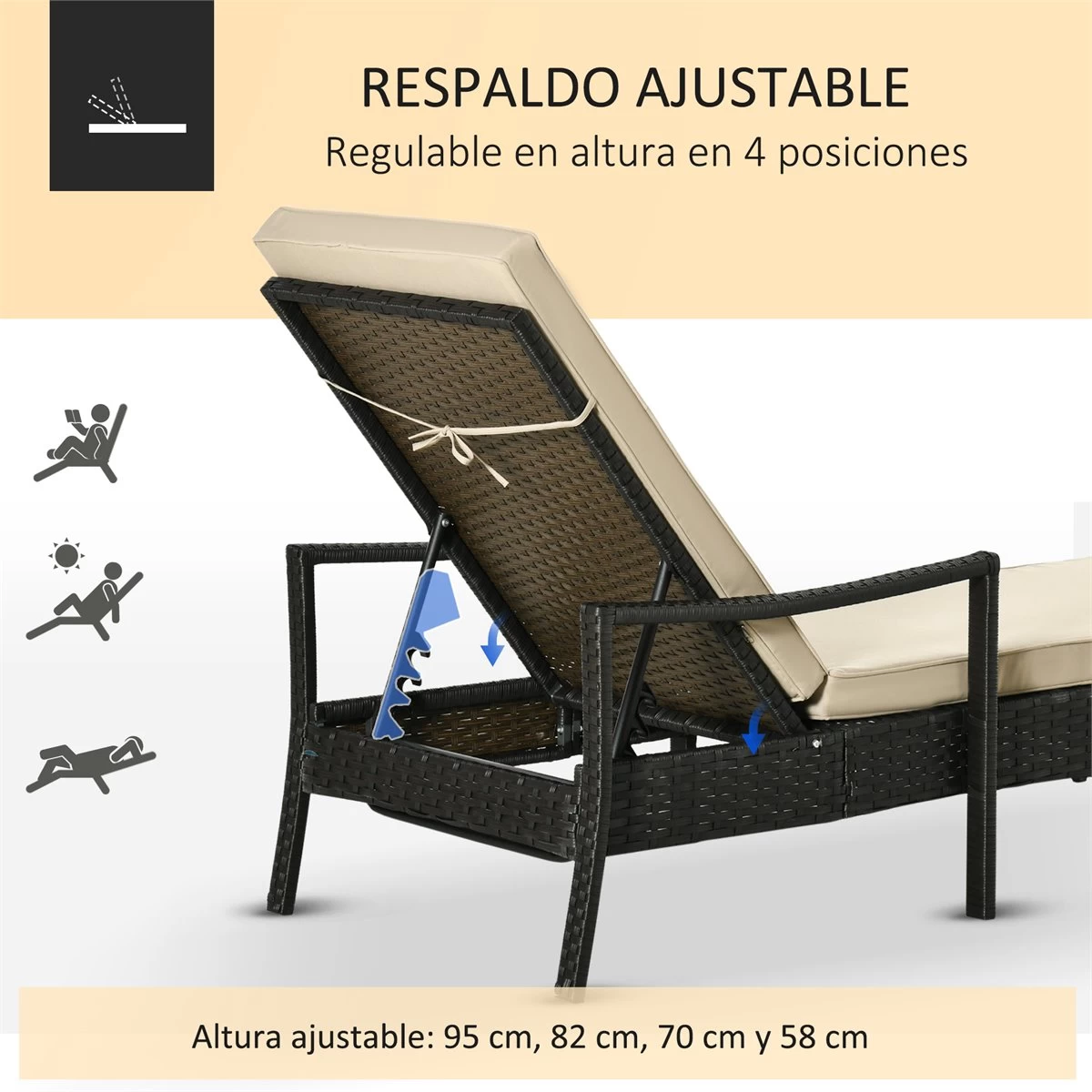 Outsunny Set De 2 Tumbonas De Ratán De Jardín Chaise Longue Con Respaldo Ajustable En 4 Posiciones Cojines Acolchados Y Desenfundables Para Terraza Patio Exterior 192x62,5x58-95 Cm Marrón Y Beige 6 Outsunny Set De 2 Tumbonas De Ratán De Jardín Chaise Longue Con Respaldo Ajustable En 4 Posiciones Cojines Acolchados Y Desenfundables Para Terraza Patio Exterior 192x62,5x58-95 Cm Marrón Y Beige - Imagen 4