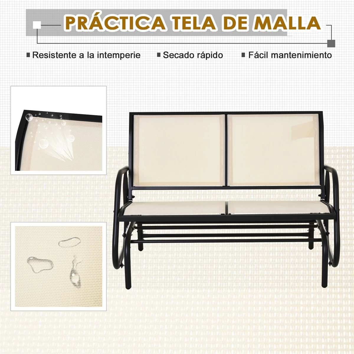 Outsunny Banco Balancín De 2 Plazas Silla Mecedora De Jardín Tubo De Metal Y Tela Texteline Transpirable Para Exterior Carga Máx. 200 Kg 120x70x85 Cm Beige 8 Outsunny Banco Balancín De 2 Plazas Silla Mecedora De Jardín Tubo De Metal Y Tela Texteline Transpirable Para Exterior Carga Máx. 200 Kg 120x70x85 Cm Beige - Imagen 6