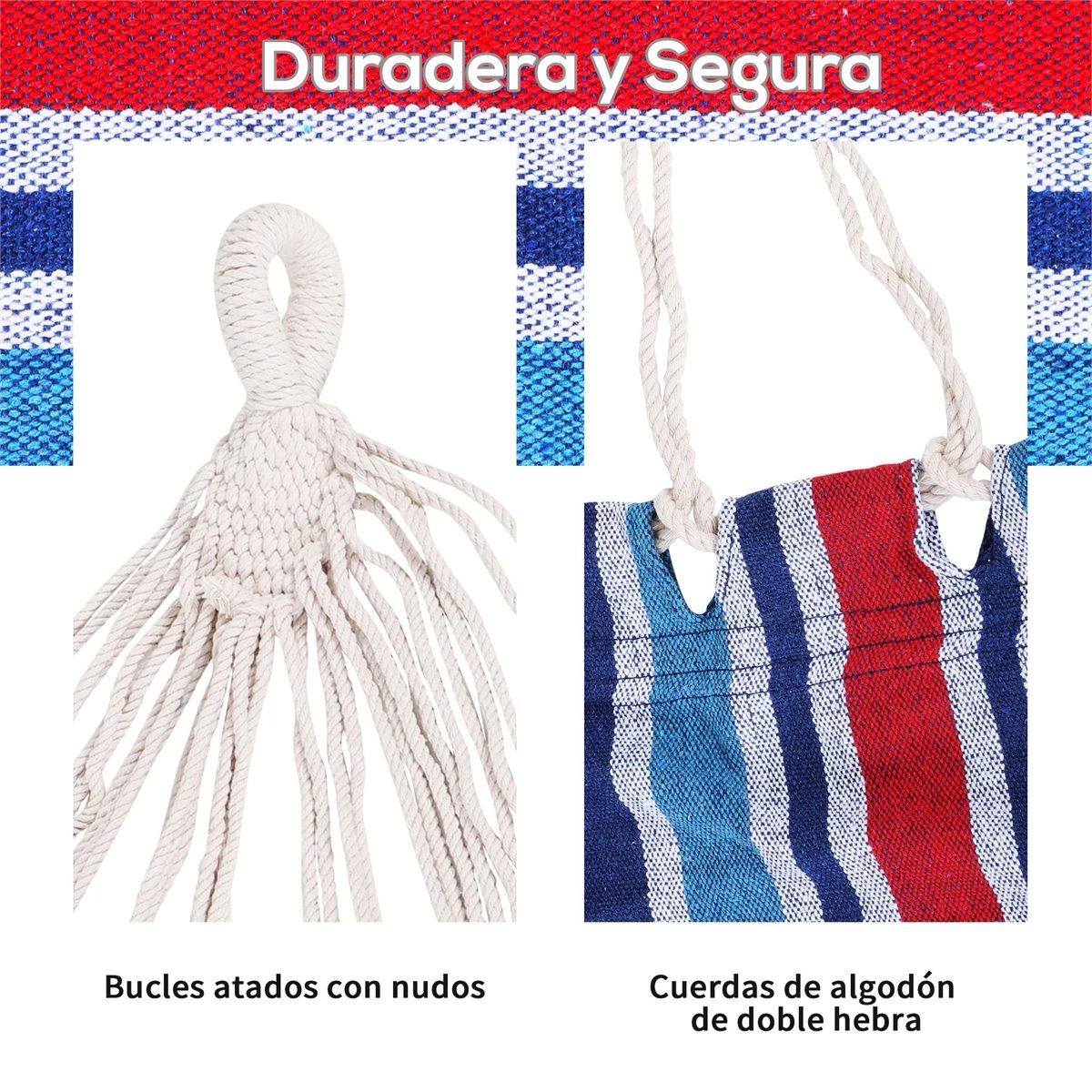 Outsunny Hamaca De Algodón Para Jardín 210x150 Cm Hamaca Colgante Portátil Carga Máx. 180 Kg Para Acampar Piscina Camping Rayas Azul Y Rojo 6 Outsunny Hamaca De Algodón Para Jardín 210x150 Cm Hamaca Colgante Portátil Carga Máx. 180 Kg Para Acampar Piscina Camping Rayas Azul Y Rojo - Imagen 4