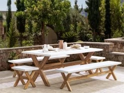 Conjunto De Comedor De Jardín De 8 Plazas, De Cemento Con Banco Y Taburetes Blanco/madera Clara OLBIA