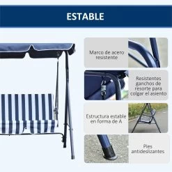 Outsunny Columpio Balancín De Jardín Exterior De 3 Plazas Con Cojín Techo Ajustable Y Marco De Metal Para Balcón Terraza Patio Carga Máx. 200 Kg 172x110x153 Cm Raya Azul -Tienda de muebles de jardín 772594da9cef3828dfc8dcbe91c5b37fb1be9b78 ff77b45b475844379f5c7c4943c9a7aa