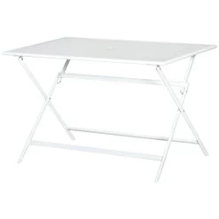 Outsunny Mesa De Jardín De Metal Plegable Mesa De Camping Rectangular De Vidrio Templado Con Agujero Para Sombrilla Para Picnic Terraza Balcón 110x70x70 Cm Blanco