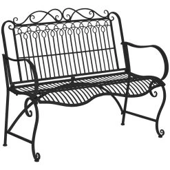Outsunny Banco De Jardín De 2 Plazas 110x60x97 Cm Banco De Exterior De Metal Con Respaldo Decorativo Y Reposabrazos Para Terraza Balcón Patio Carga 200 Kg Negro
