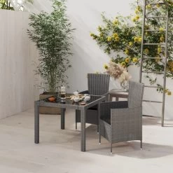 Set De Comedor De Jardín 3 Pzas Y Cojines Ratán Sintético Gris VidaXL