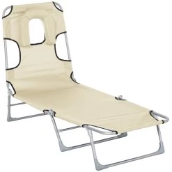 Outsunny Tumbona Reclinable Y Plegable De Jardín Con Orificio De Lectura Reposacabezas Y Respaldo Ajustable En 5 Niveles Para Playa 182x56x24,5 Cm Beige -Tienda de muebles de jardín 7fb5394210205aeada1f2c68b330f2701ee49471 138a73debc604dbfa5d0c8d5290aed15