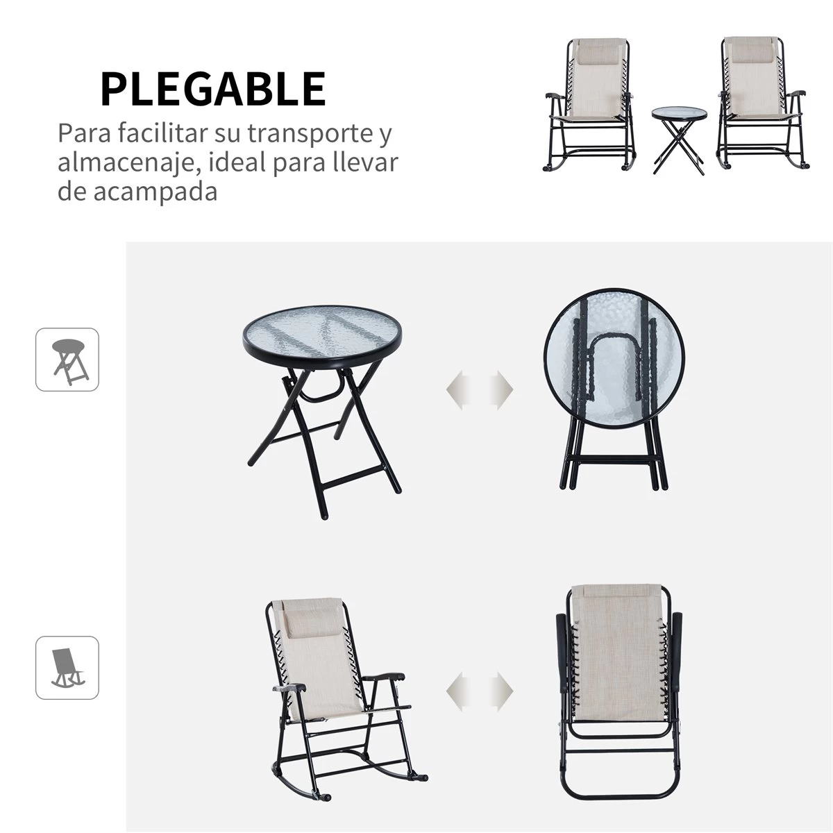 Outsunny Set De Muebles De Jardín Mesa Redonda Ø46x49 Cm Y 2 Sillas Mecedoras 68x90x106 Cm Plegables Con Bloqueo Para Exterior Patio Beige 7 Outsunny Set De Muebles De Jardín Mesa Redonda Ø46x49 Cm Y 2 Sillas Mecedoras 68x90x106 Cm Plegables Con Bloqueo Para Exterior Patio Beige - Imagen 5
