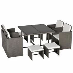 Outsunny Conjunto De Muebles De Jardín 9 Piezas De Ratán Para Comedor Sillas Apilables Con Cojines Extraíbles Lavables Mesa De Vidrio Templado Para Exterior Patio Terraza Gris